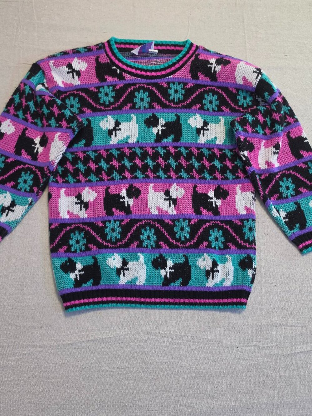 Vintage Heartworks Scottie Dog Knit Sweater Pink Purple 90s USA Kids M 10-12